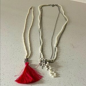 Elegant Pearl and Red Tassel Necklace - costume jewelry
